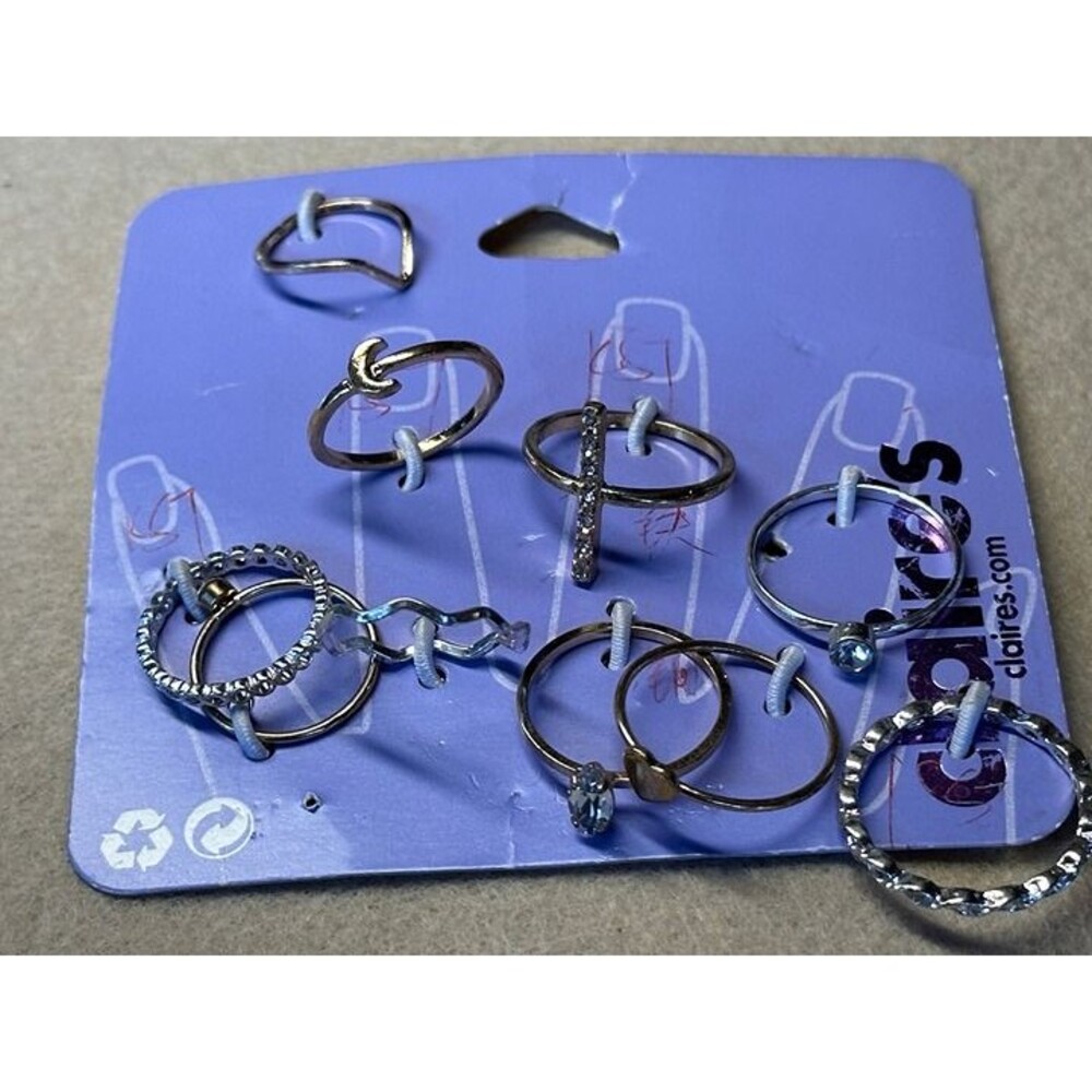 Claire's Silver Tone 9-Piece Stacking Ring Set Crescent Moon Rhinestone NWT New